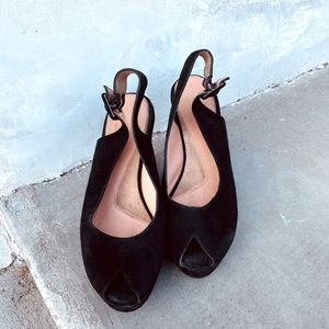 Robert Clergerie Black Suede Peep-Toe Platforms